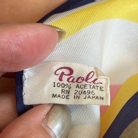 Vintage 60s/70s Paoli white, pink, navy blue, green & yellow acetate scarf - Picture 9 of 10